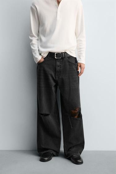 RIPPED BAGGY FIT JEANS - Charcoal by Zara
