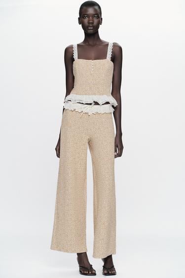 RUFFLED TEXTURED TROUSERS - Ecru / Brown by Zara