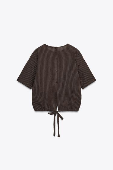 ZW COLLECTION STRIPED LINEN BLEND TOP - Brown / Ecru by Zara - Image 5