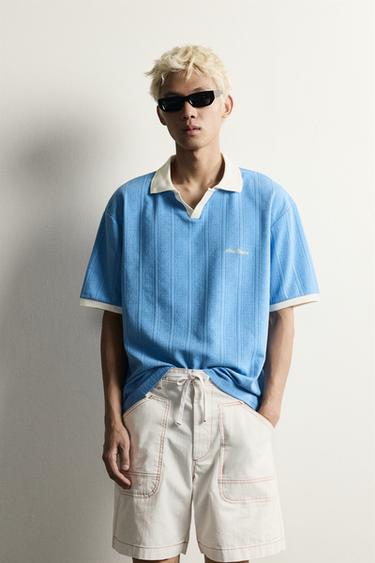 Zara RELAXED FIT EMBROIDERED TEXT POLO - Light blue