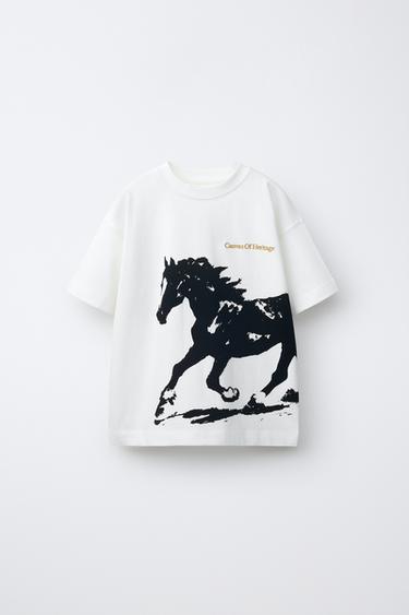 T-SHIRT IMPRIMÉ CHEVAL FLOQUÉ - Blanc de Zara - Image 0