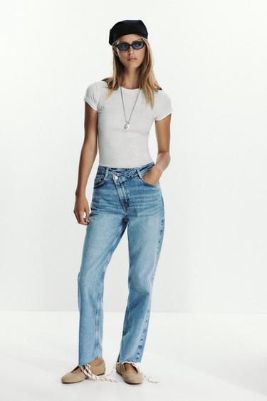JEANS Z.09 STRAIGHT ANKLE HIGH-WAIST CROSSOVER WAIST - Mid-blue by Zara