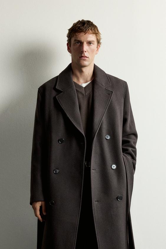 MANTEAU À BOUTONNAGE CROISÉ AVEC LAINE ET CEINTURE - Marron de Zara - Image 1