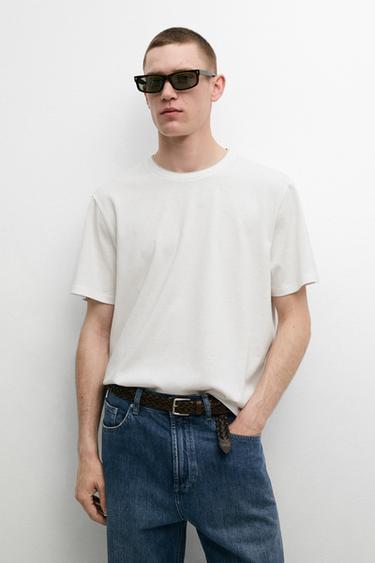 Zara Linen and cotton double-collar T-shirt - Oyster-white