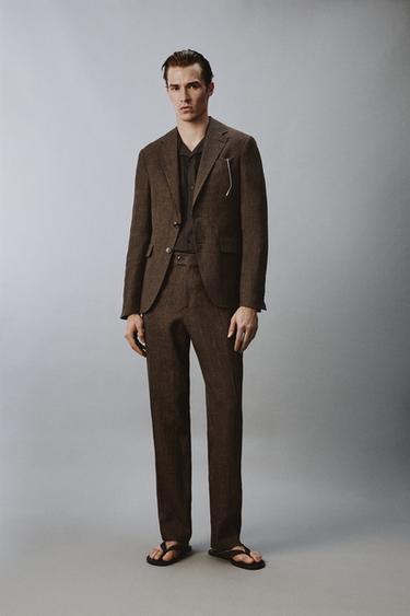 Zara 100% LINEN SUIT JACKET - Dark brown - Image 0