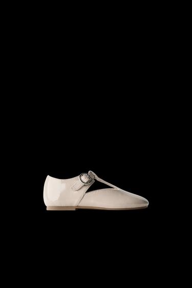 Zara PATENT FINISH T-BAR BALLERINAS - Off White - Image 0