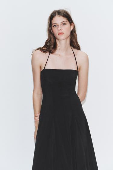볼륨 홀터넥 루즈 미디 원피스 - Zara 블랙
