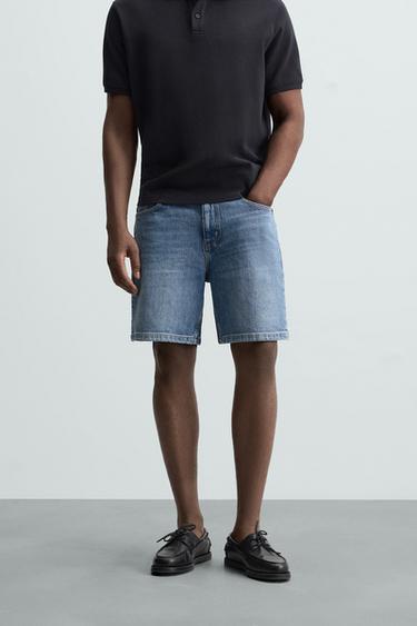 Zara REGULAR FIT DENIM SHORTS - Mid-blue