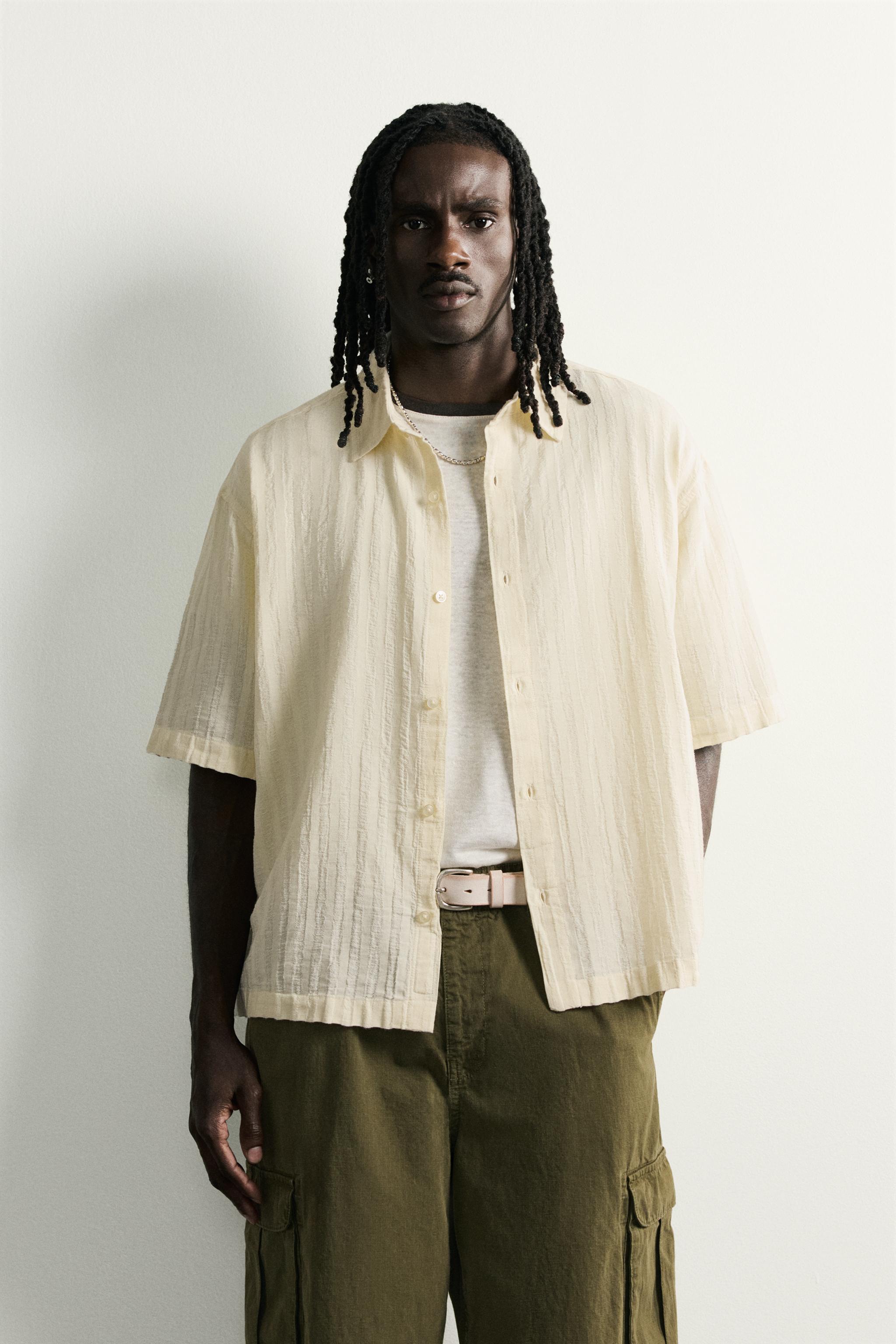 BOXY FIT STRIPED JACQUARD SHIRT — Vanilla