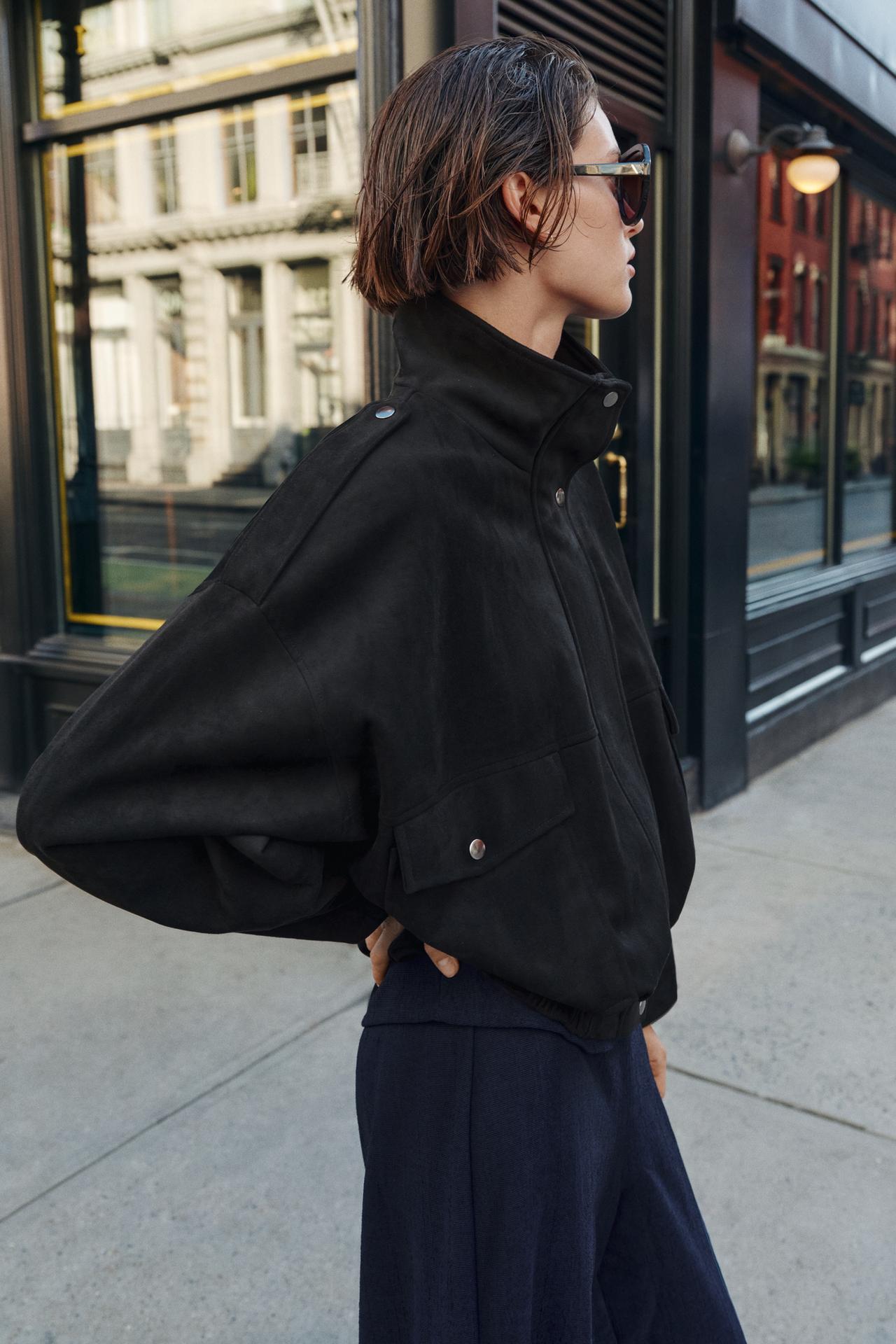 FAUX SUEDE BOMBER JACKET — Black