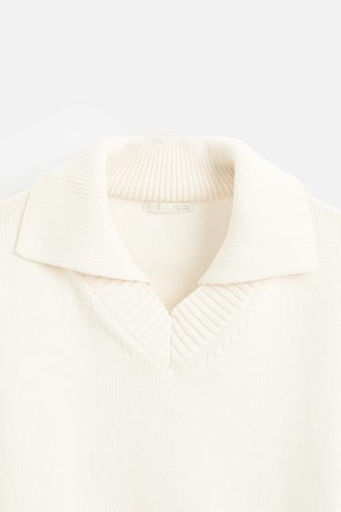 V-NECK KNITTED POLO SHIRT - Ecru by Zara - Image 9