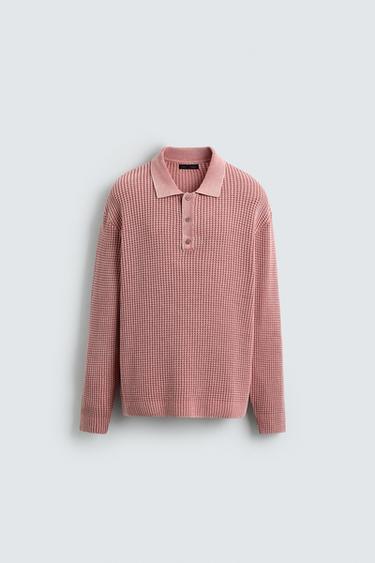 WASHED WAFFLE-KNIT POLO SHIRT - Pink by Zara - Image 5