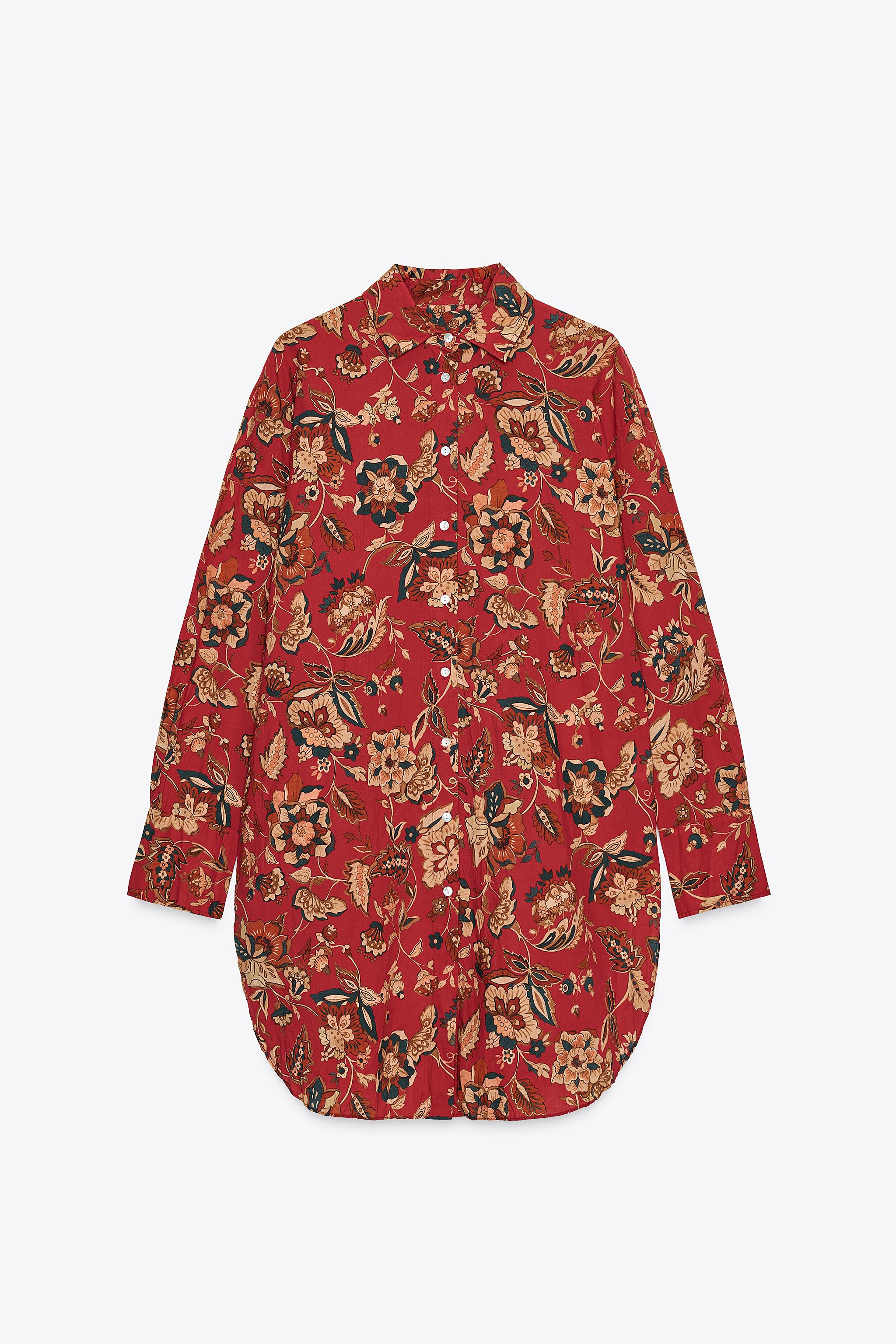 ZW COLLECTION プリント柄ロングシャツ - ダークレッド | ZARA