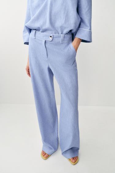 Zara LINEN PANTS WITH PIPING - Light blue