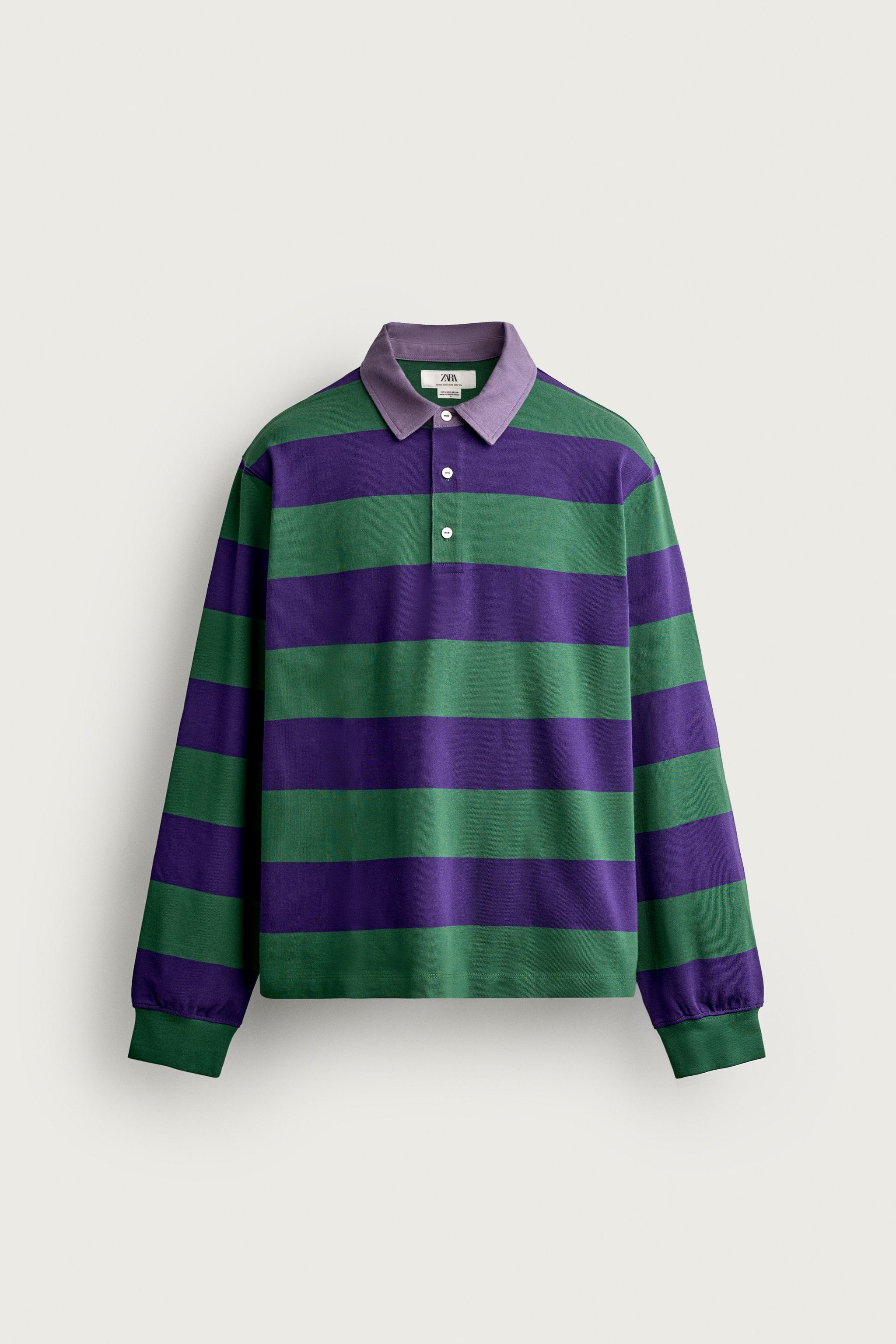 CONTRAST COLLAR STRIPED REGULAR FIT POLO — Purple