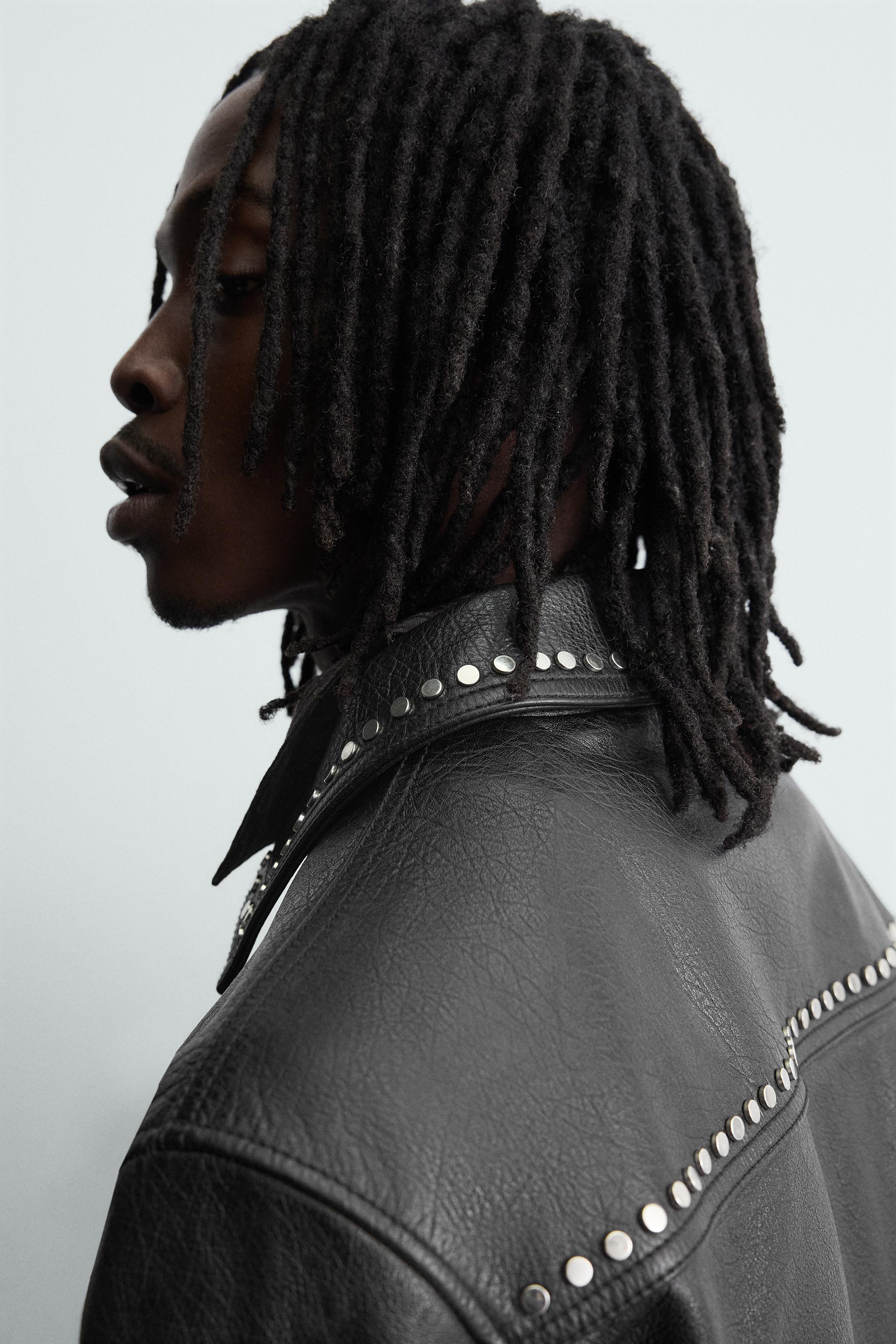 スタッズ付きレザー リラックスフィットジャケット - ブラック | ZARA