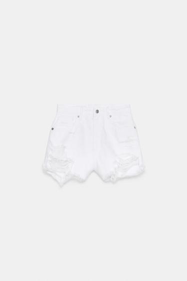 Zara MID-RISE DENIM SHORTS - Oyster-white