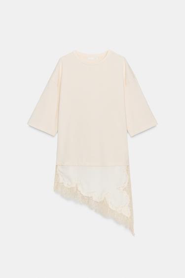 GECOMBINEERD T-SHIRT MET KANT - Ecru van Zara