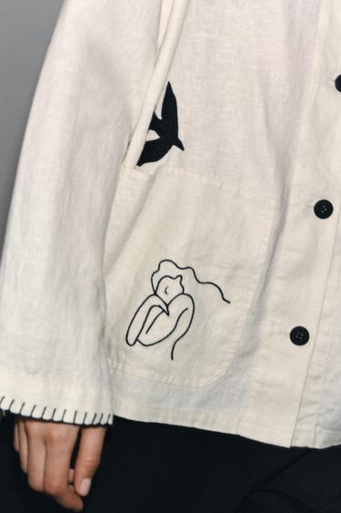 EMBROIDERED LINEN OVERSHIRT ZW COLLECTION - Oyster-white by Zara - Image 5