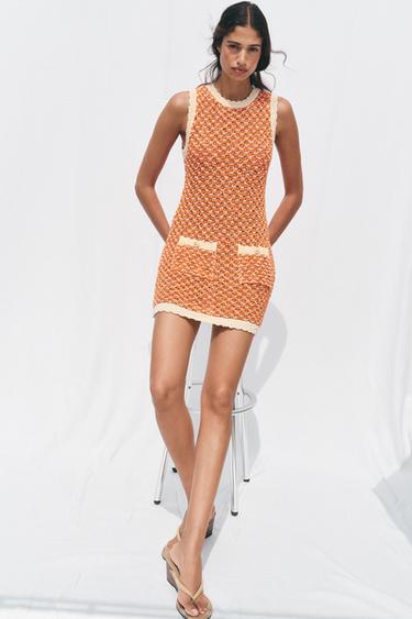 Zara STRUCTURED KNIT MINI DRESS - Orange