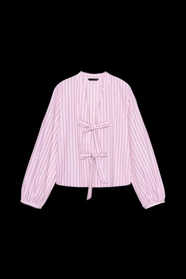 STRIPED POPLIN SHIRT WITH TIES - Pink / White by Zara