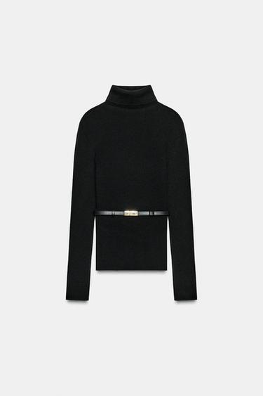 100% WOOL HIGH NECK JUMPER WITH BELT - Black by Zara
