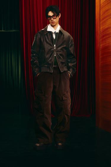 ウォッシュド加工レザーボンバージャケットブラウン0Zaraのウォッシュド加工レザーボンバージャケット - ブラウン - 画像 0