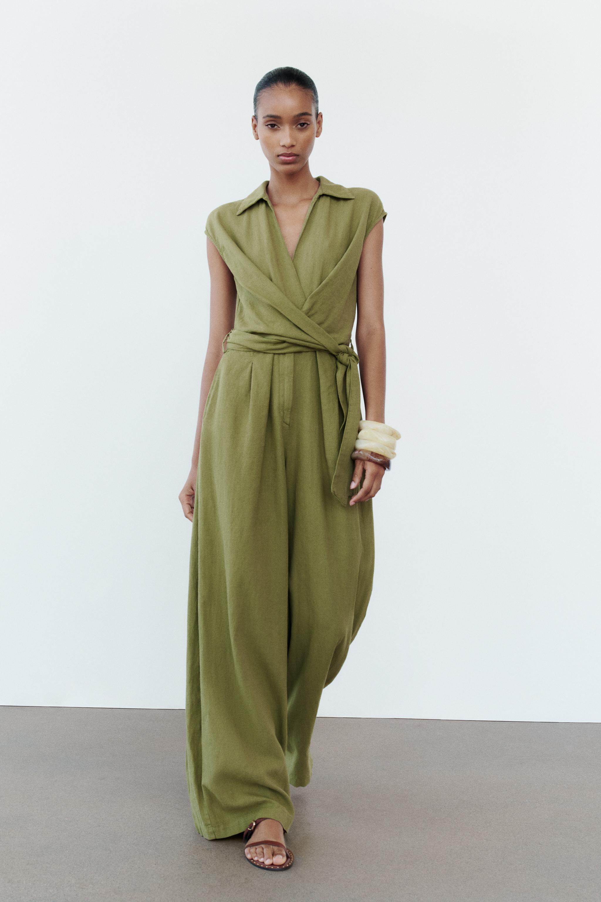 Zara Full Cut Knotted Linen Blend Jumpsuit Khaki Women