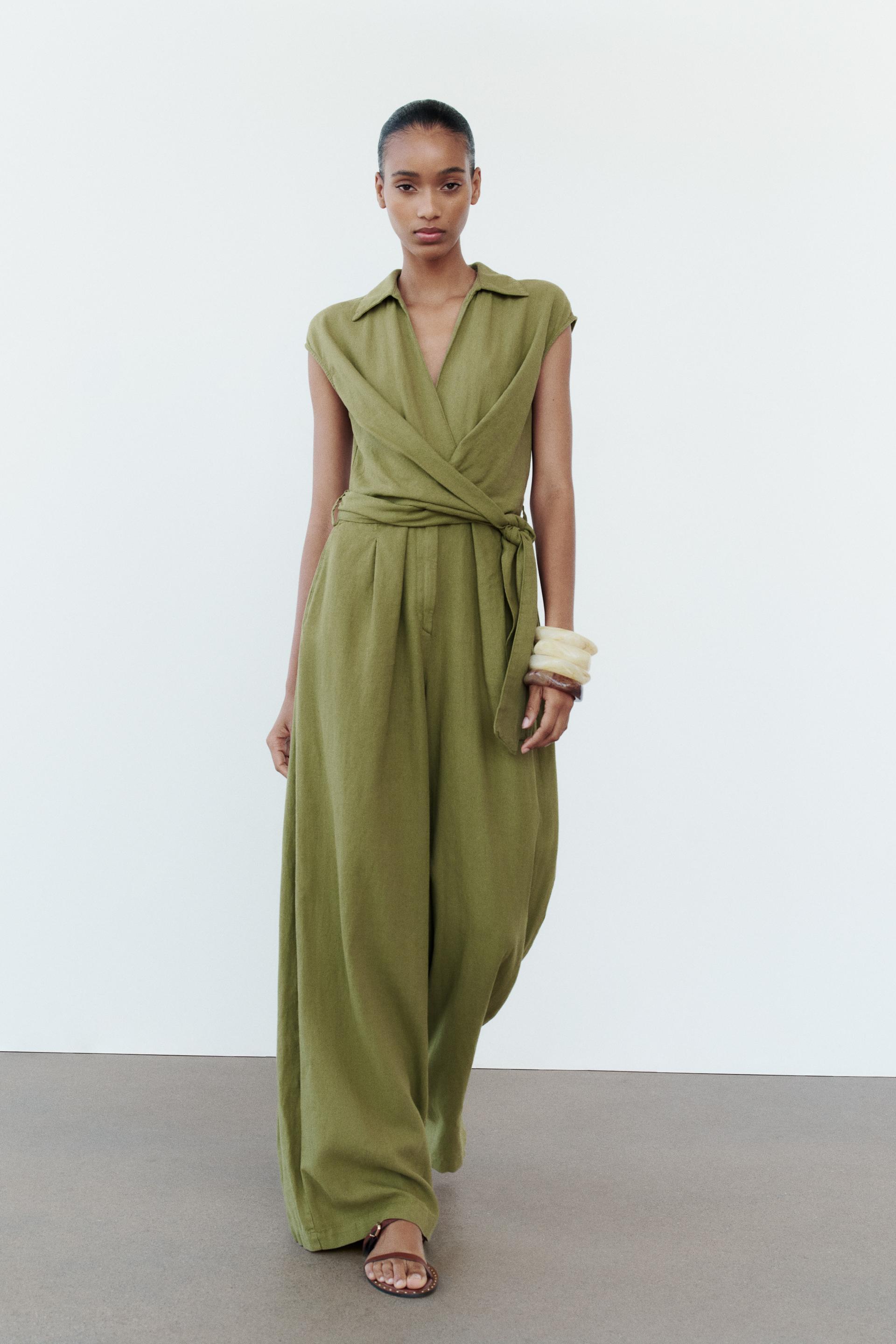 LINEN BLEND KNOTTED WIDE-LEG JUMPSUIT - Khaki | ZARA United Kingdom