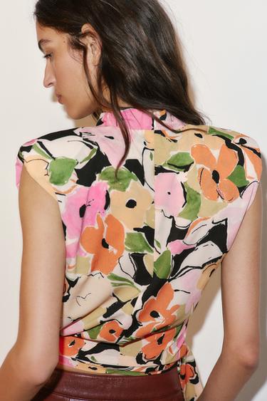 FLORAL PRINT TOP WITH SHOULDER PADS AND BELT - Pink / White by Zara - Image 4