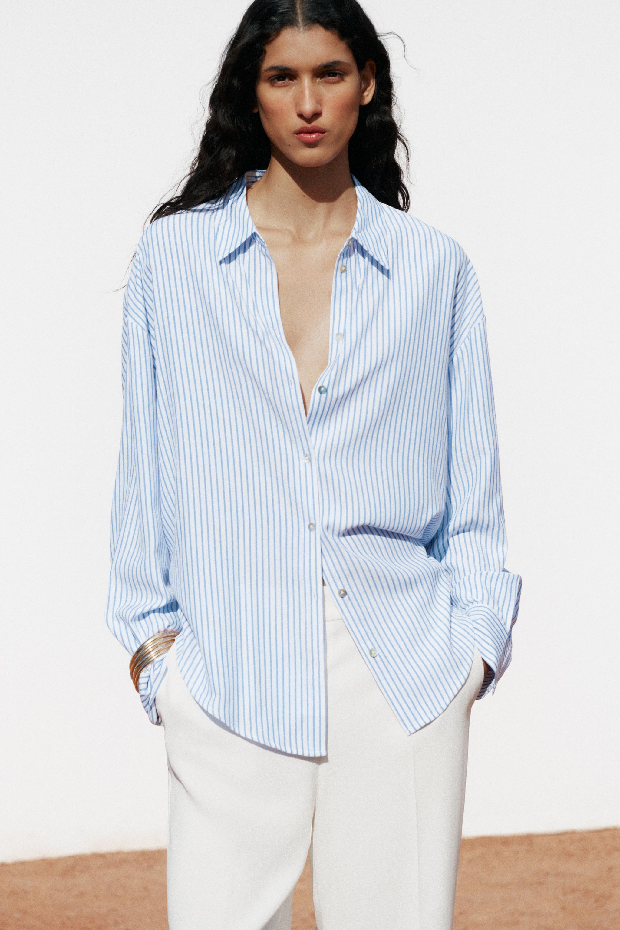 ZARA ストライプシャツ オーバーサイズ M ブルー - メルカリ