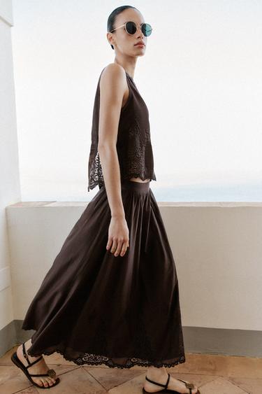 JUPE MI-LONGUE BRODÉE AMple - Marron de Zara - Image 2