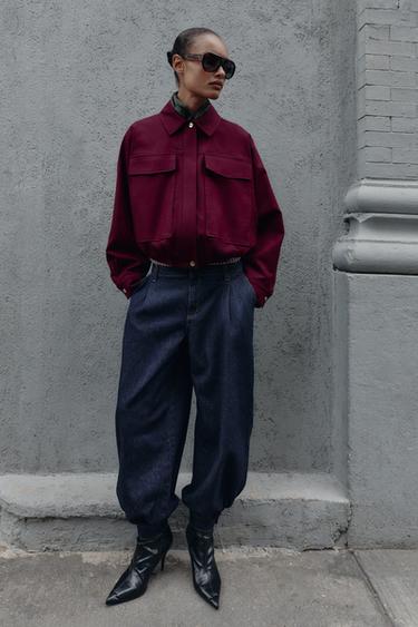 Zara LARGE POCKET BOMBER JACKET - Burgundy