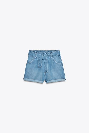 HIGH-WAIST TRF PAPER BAG DENIM BERMUDA SHORTS - Light blue by Zara