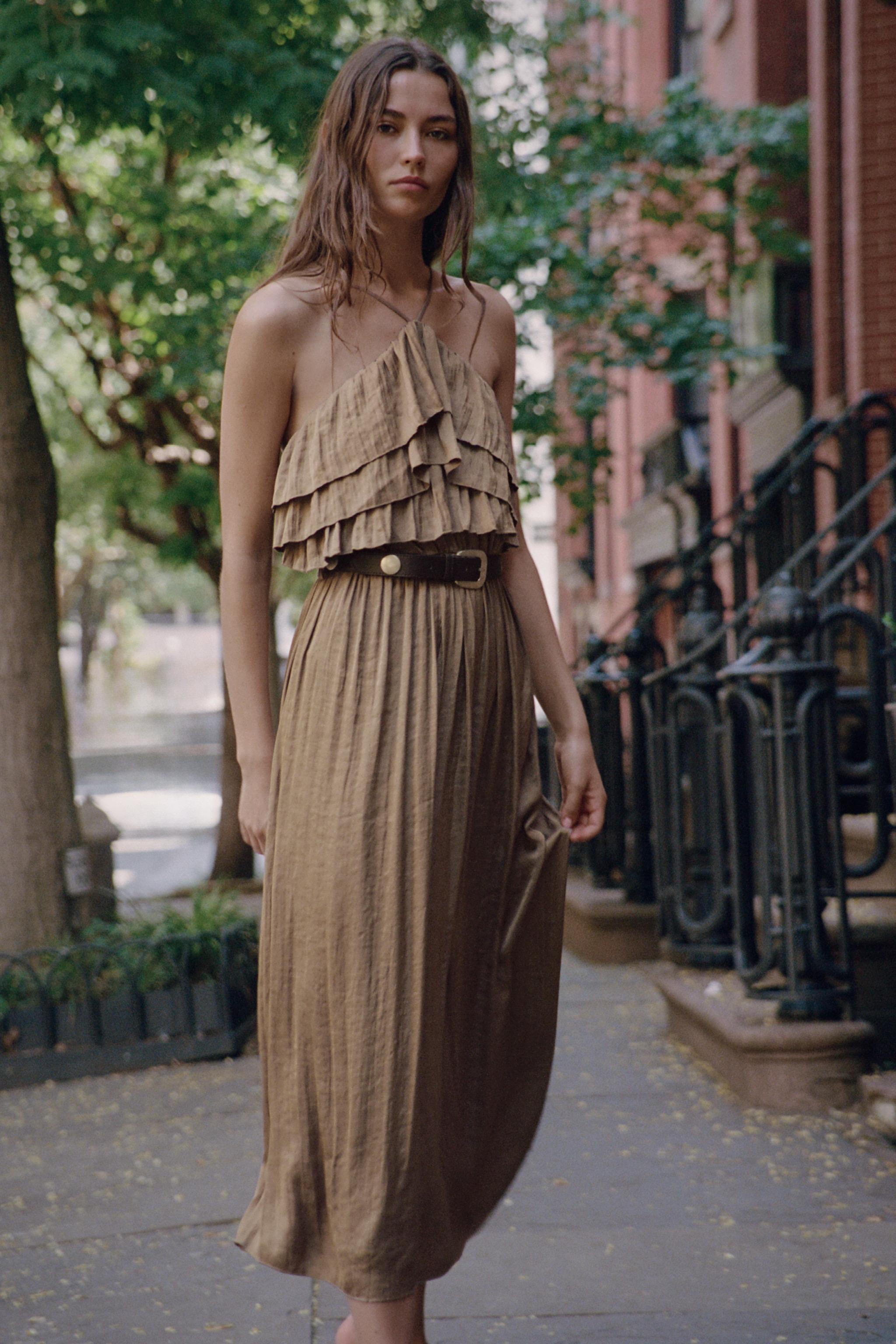 SATIN BELTED HALTER MIDI DRESS