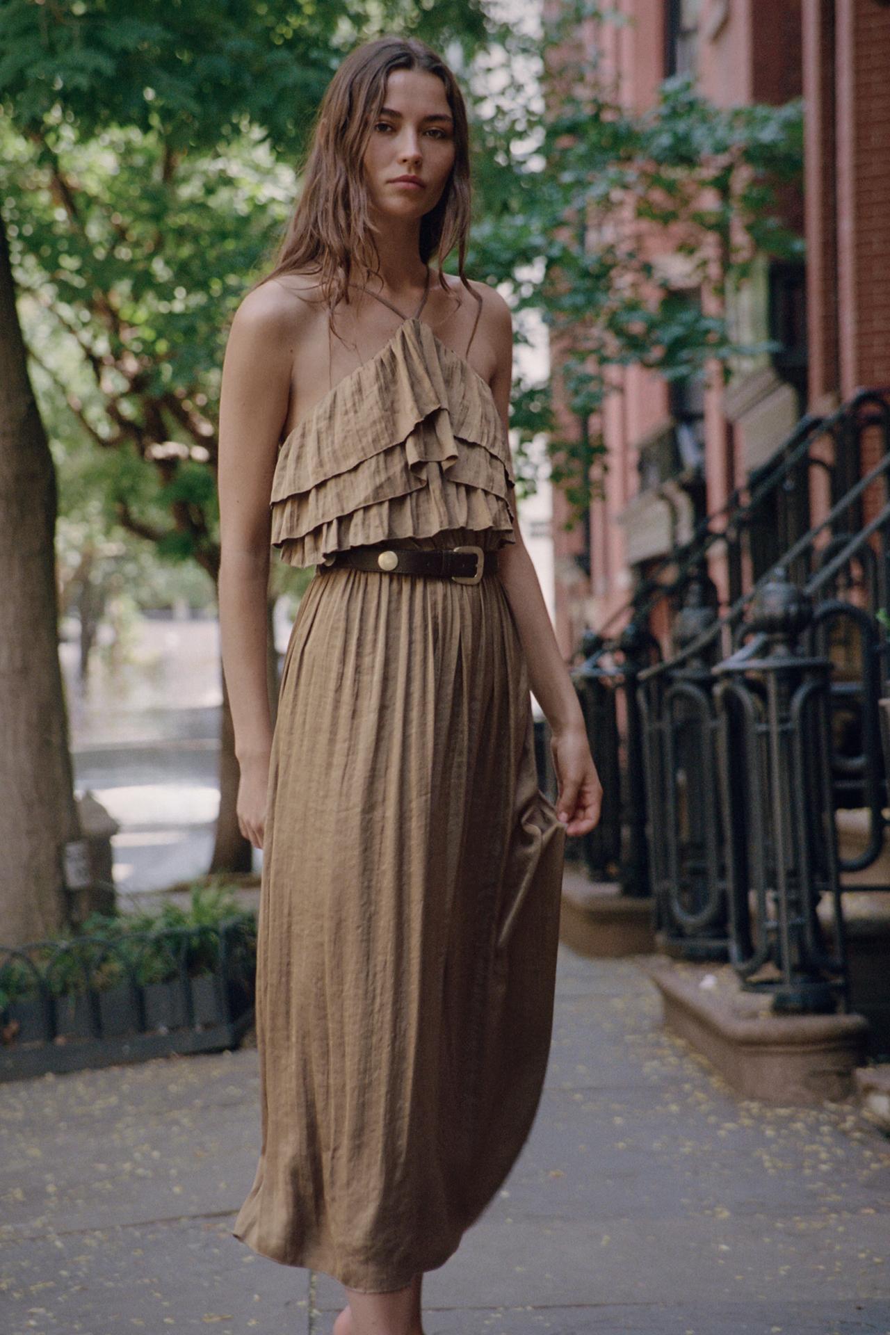 SATIN BELTED HALTER MIDI DRESS — Brown / Taupe