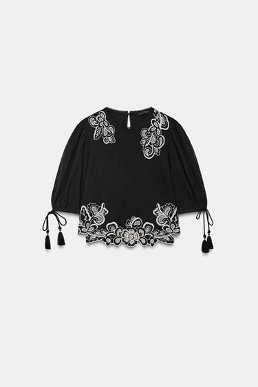 刺繍パフスリーブブラウスブラックZaraの刺繍パフスリーブブラウス - ブラック