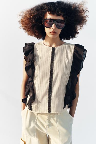 STRIPED BLOUSE WITH RUFFLES - Black / Ecru by Zara