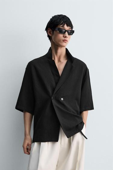 ビスコース&リネン着物シャツブラックZaraのビスコース&リネン着物シャツ - ブラック 