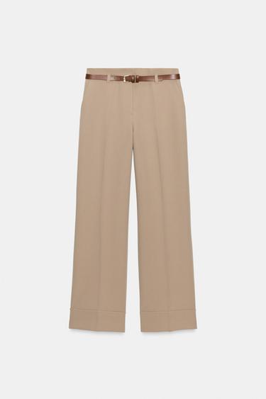 TROUSERS WITH TURN-UP HEMS AND BELT - camel by Zara - Image 0