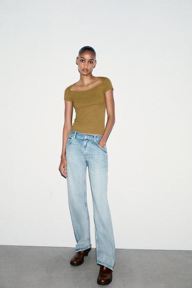 Zara SQUARE NECK T-SHIRT - Greenish