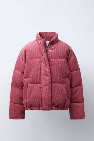 EMBROIDERED TEXT CORDUROY PUFFER JACKET - Dark pink by Zara
