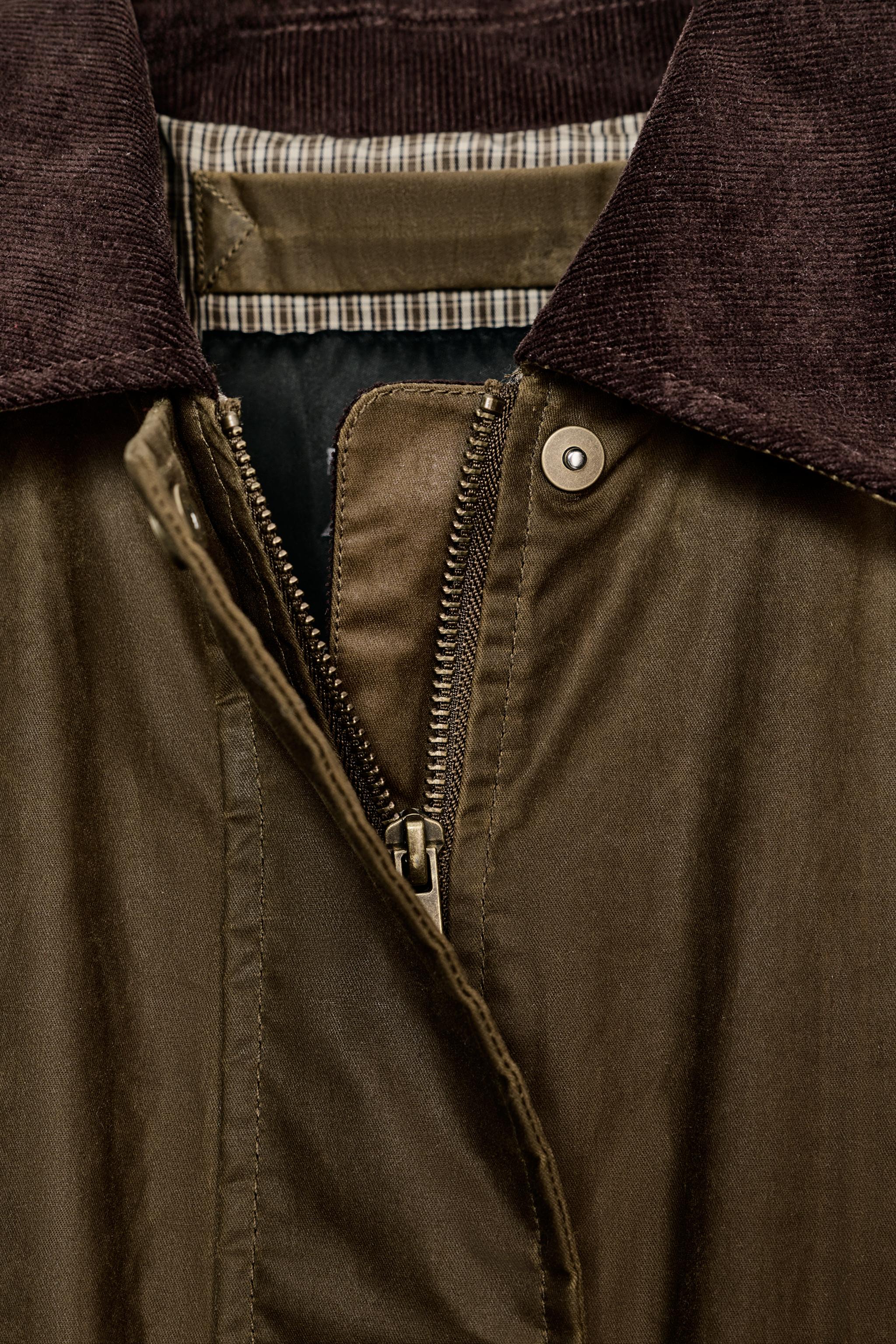 WAXED JACKET WITH CORDUROY COLLAR ZW COLLECTION - Olive green