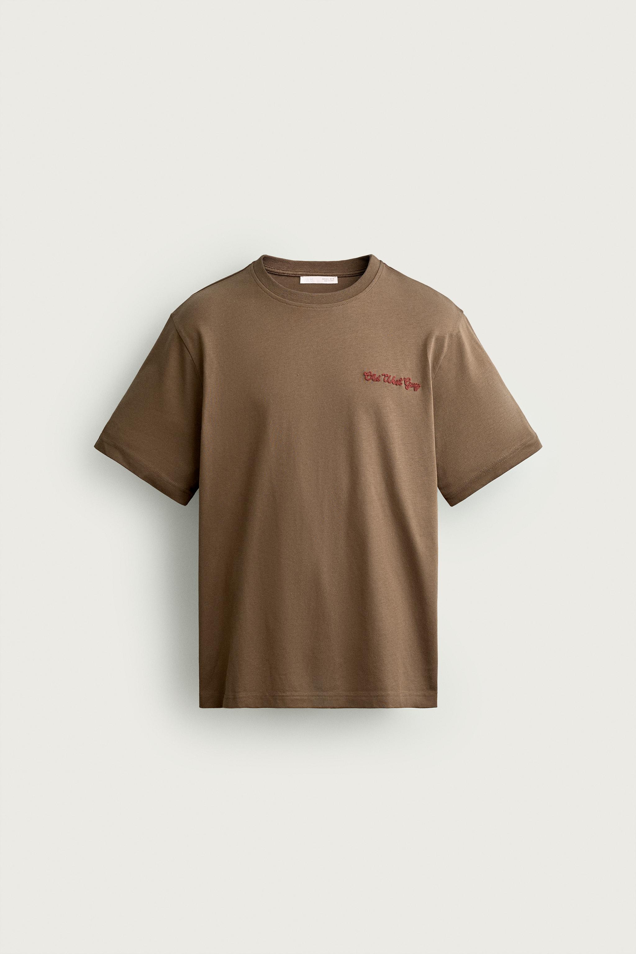 REGULAR FIT EMBROIDERED TEXT T-SHIRT — Brown