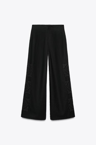 Zara MULTI-PLEAT EMBROIDERED PANTS - Black
