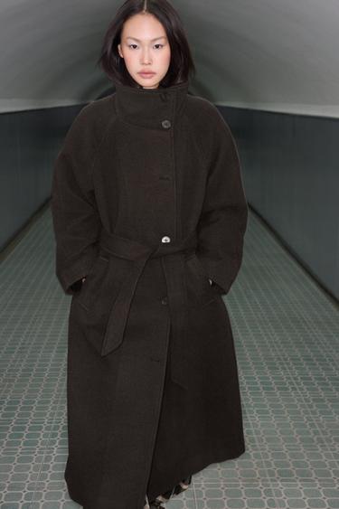 SOFT HIGH-NECK COAT WITH BELT - Brown by Zara