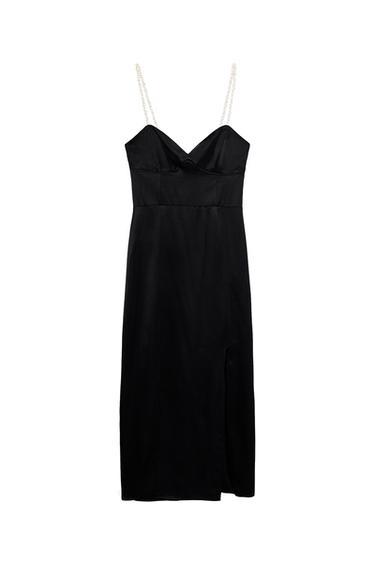 SATIN DRESS WITH FAUX PEARL STRAPS