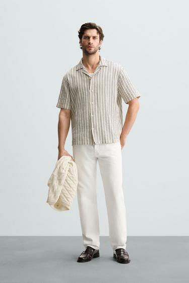 Zara TEXTURED STRIPED SHIRT - Navy / White - Image 0
