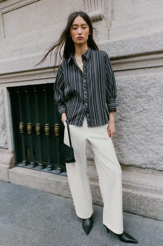 Zara STRIPED THREE-QUARTER SLEEVE SHIRT - Black / Ecru - Image 0