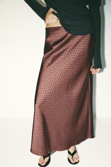 FALDA MIDI LUNARES - Negro / Marrón de Zara
